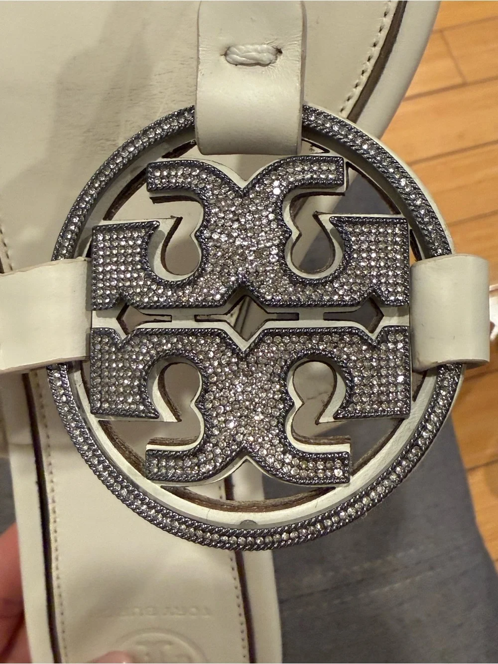 Tory Burch Ivory Leather Logo Thong Sandals with Silver Medallions